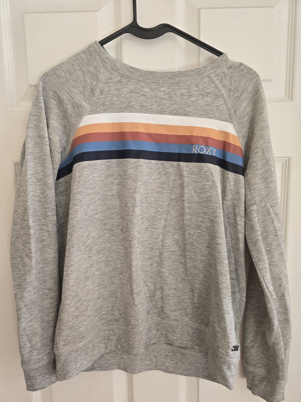 Roxy Grey Crewneck Sweater with White, Orange, Rust, Blue and Navy Stripes